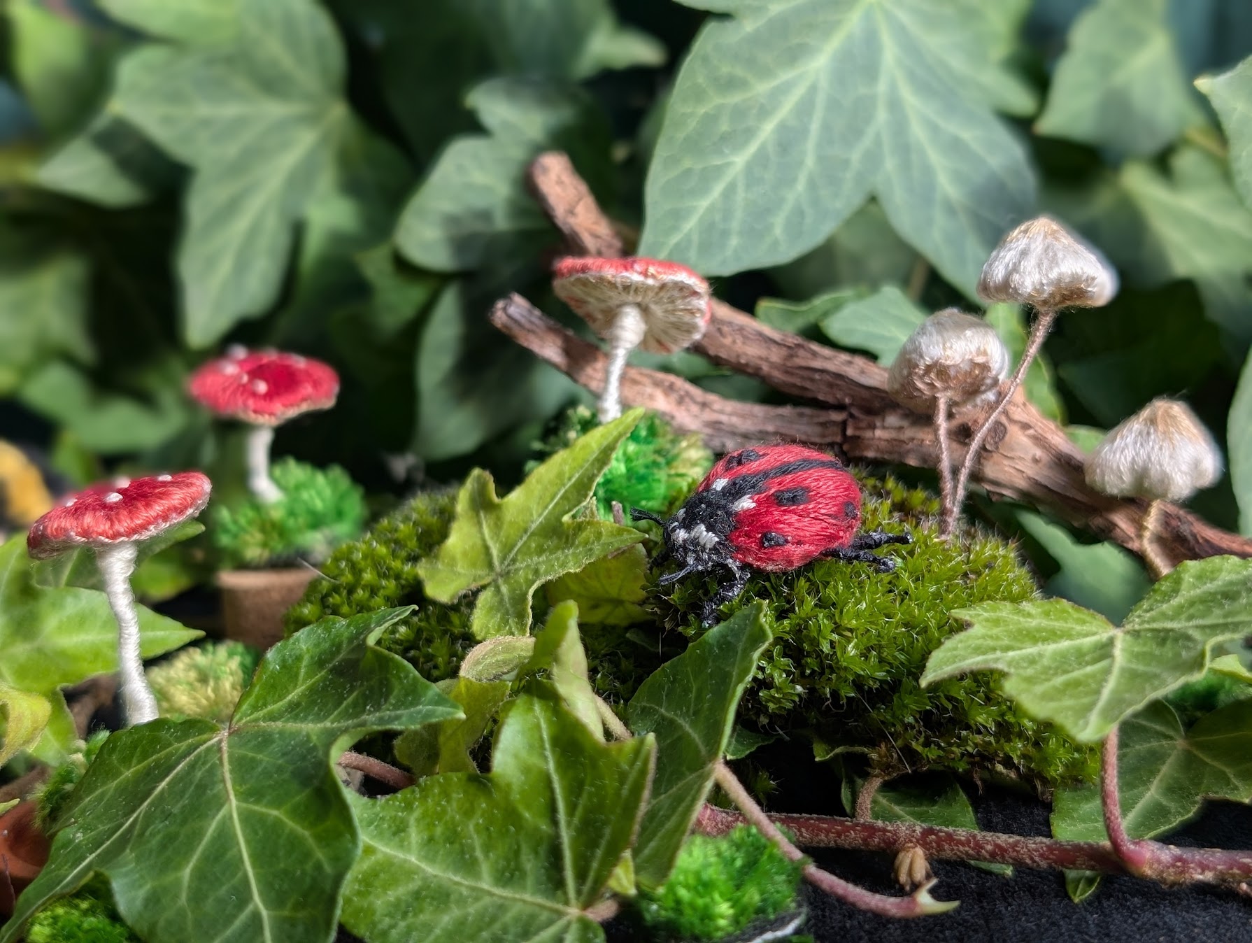 Autumn forest wonderland with hand embroidered fungi and insects by mariposa london