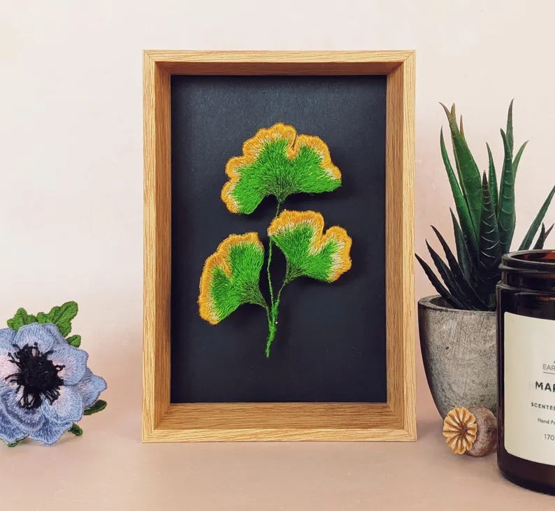 Gingko leaf 3D stumpwork embroidery