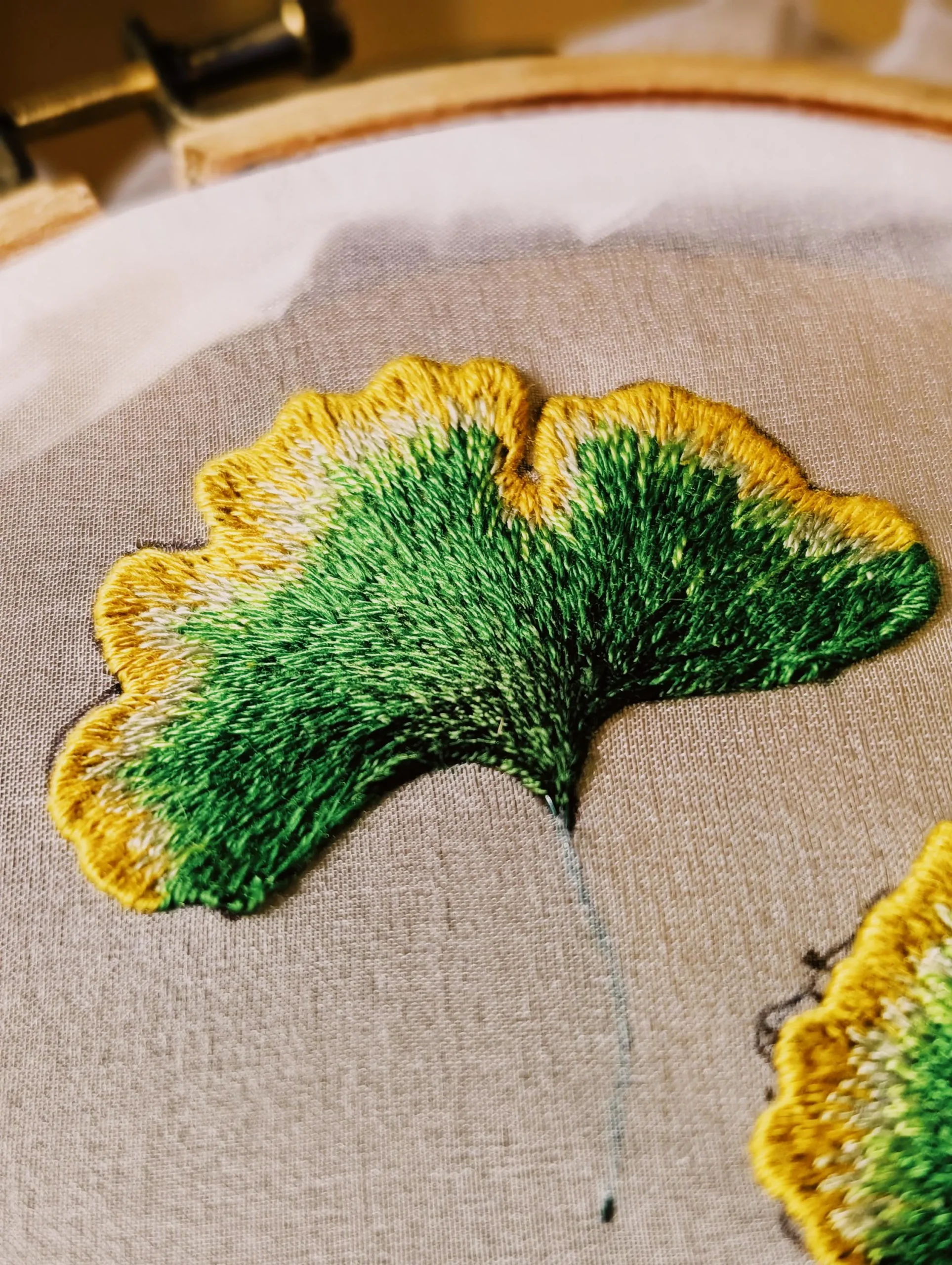 Gingko leaf stumpwork embroidery