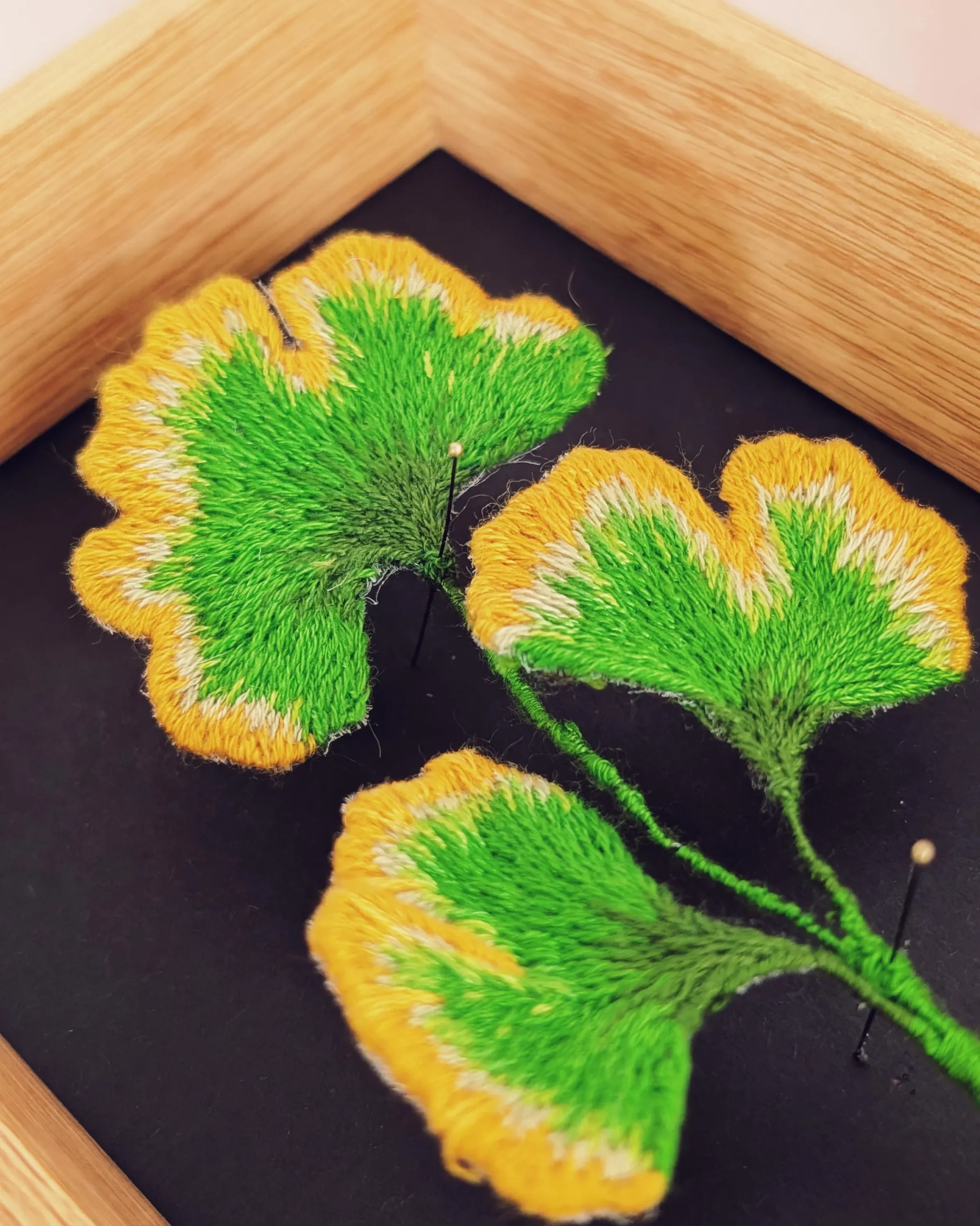 Gingko leaf stumpwork embroidery