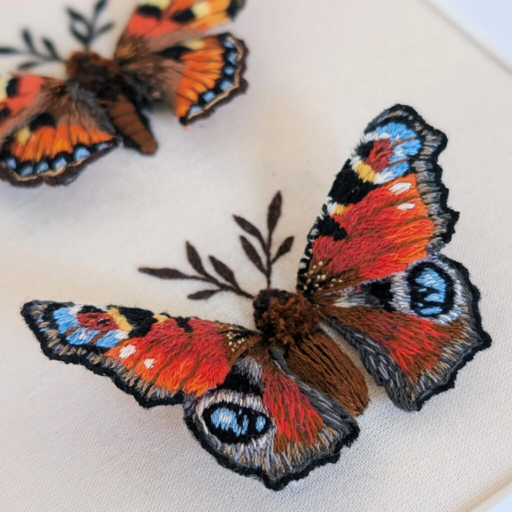 Peacock butterfly 3D textile embroidery by Mariposa London