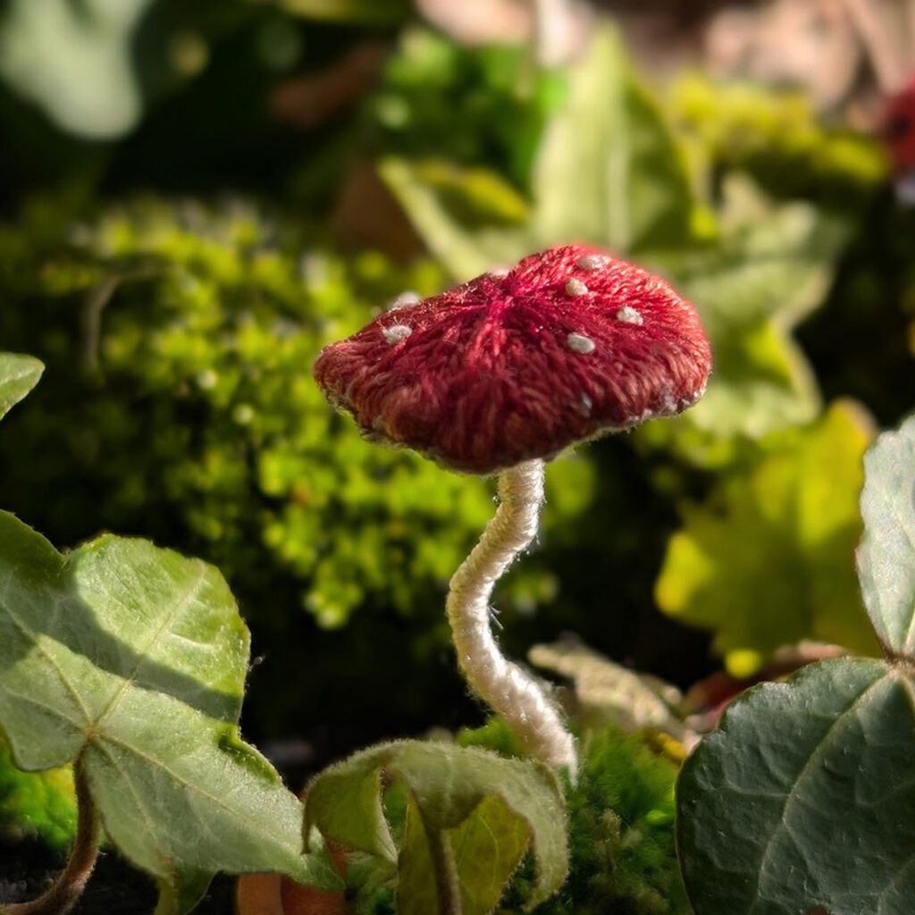 miniature fly agaric mushroom 3D textile embroidery by Mariposa London