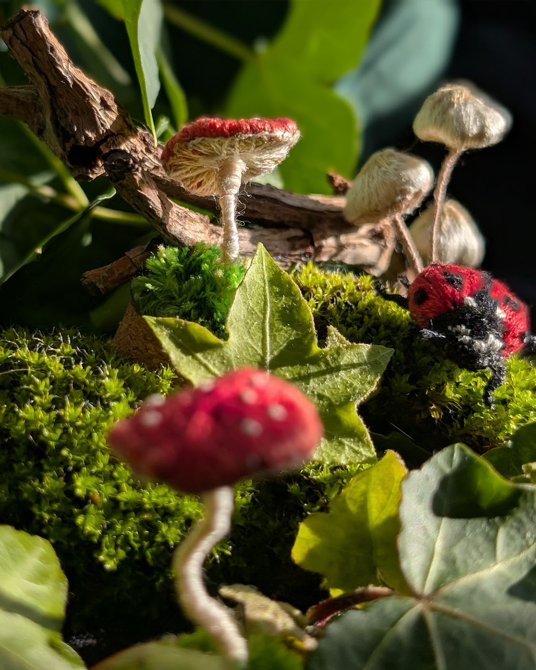 Autumn forest wonderland with hand embroidered fungi and insects by mariposa london