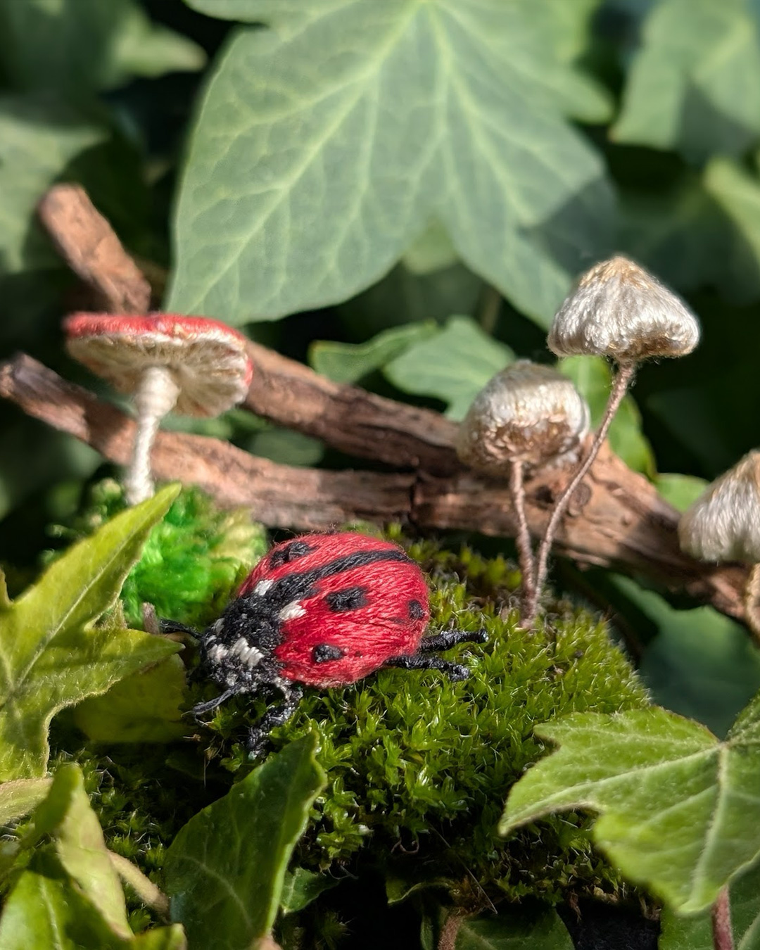 Autumn forest wonderland with hand embroidered fungi and insects by mariposa london